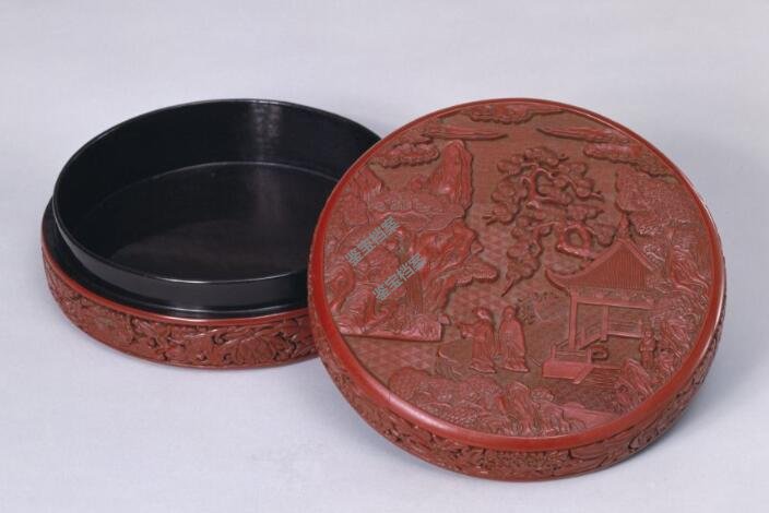 二老觀瀑圖剔紅圓盒