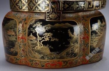 清雍正黑漆描金山水樓閣圖手爐